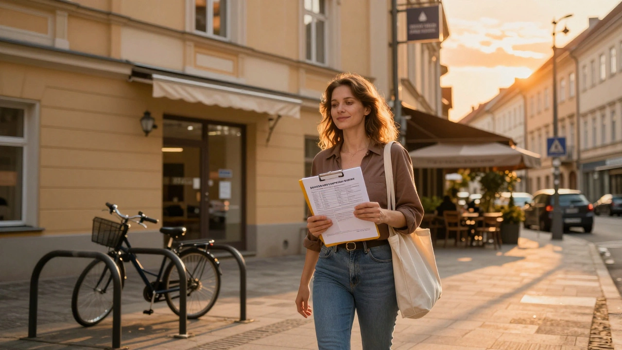 Žena vychází z kliniky s výsledky PAP testu, září západní slunce, v pozadí městská ulice.