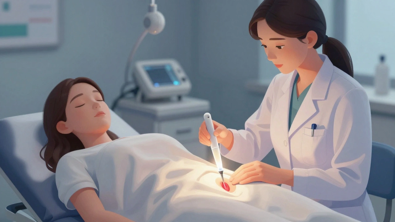 Ženský gynekolog jemně vkládá plastové speculum během vyšetření