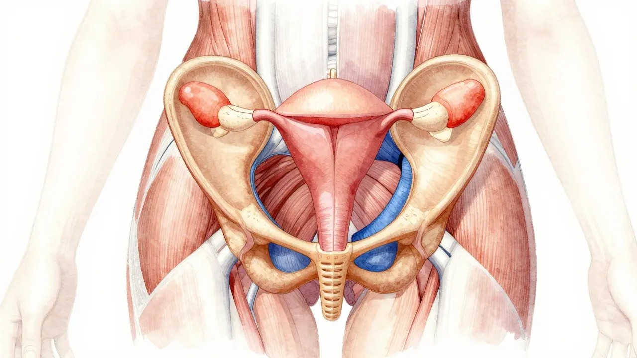 Anatomical illustration of pelvic floor muscles supporting reproductive and urinary organs.
