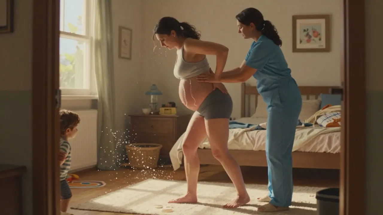 Druhá matka porodí doma, stojí ve světle, voda prudce prýští, dítě se dívá z dveří.