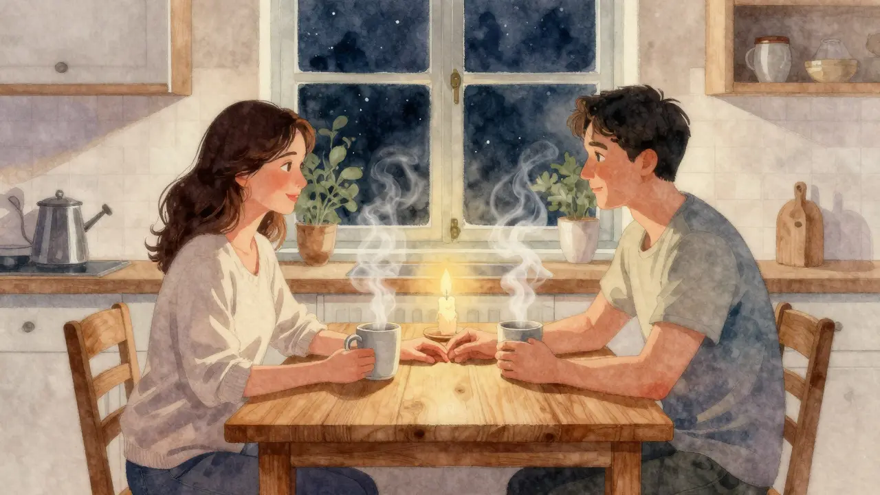 Dvojice společně sedí v kuchyni, drží se za ruce, klidná atmosféra.