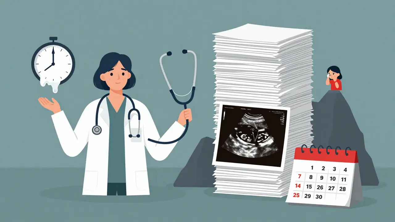 Gynekolog přetížený množstvím pacientek, symbolicky znázorněný jako jízda s hodinami a pap testy.