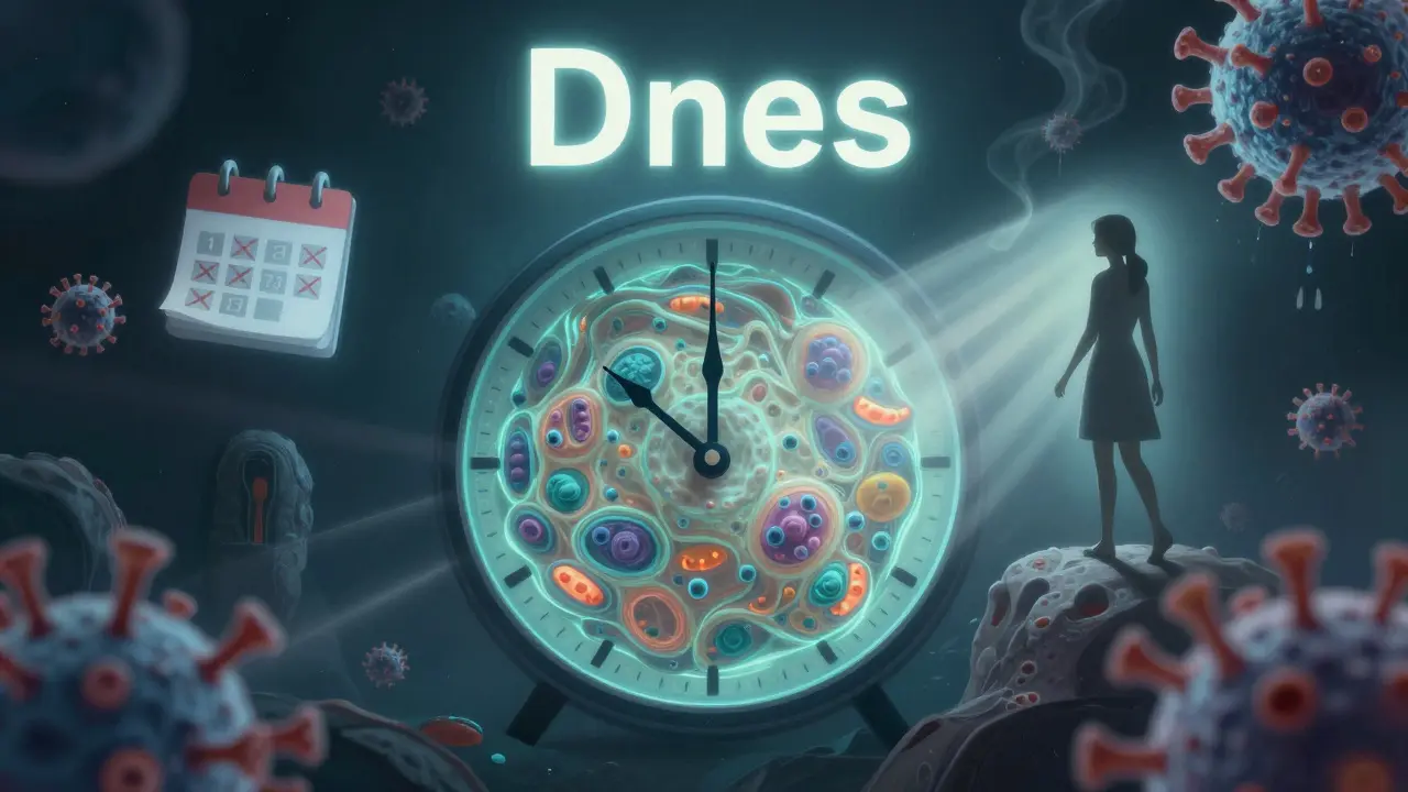 Hodiny s ciferníkem z buněk děložního čípku a slovem 'Dnes', symbolizující okamžik akce.
