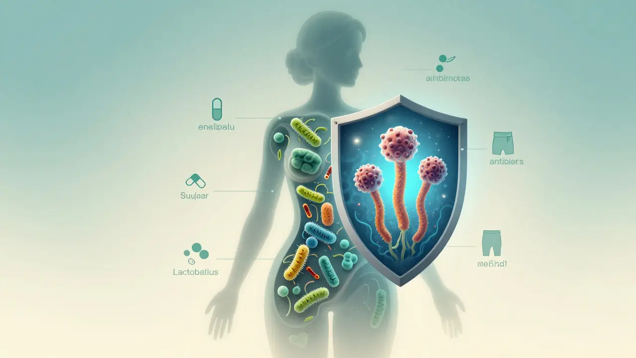 Koncepční obrázek rovnováhy mikrobiomu pochvy s bakteriemi a kvasinkami.