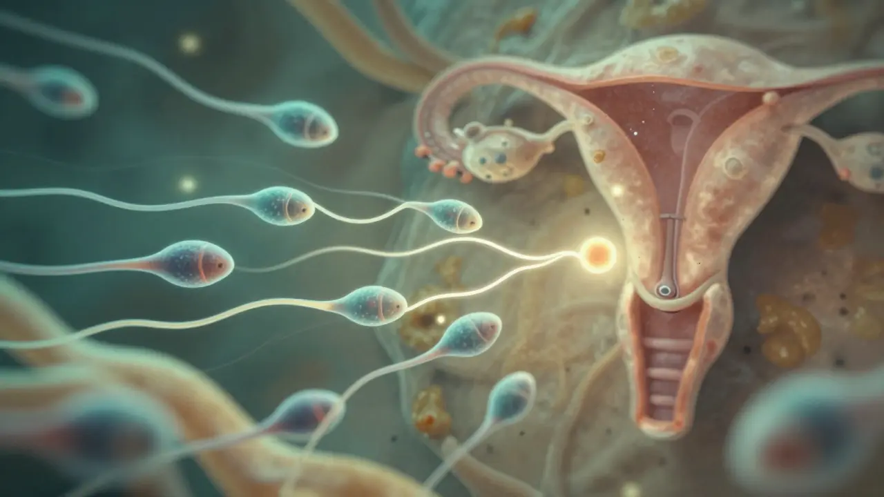 Mikroskopické spermie plavou směrem k vajíčku v teplé, chemicky aktivní prostředí.