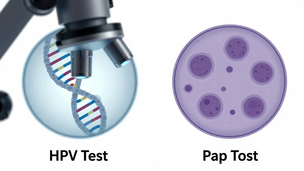 Mikroskopický pohled na vzorky buněk z Pap testu a HPV testu.