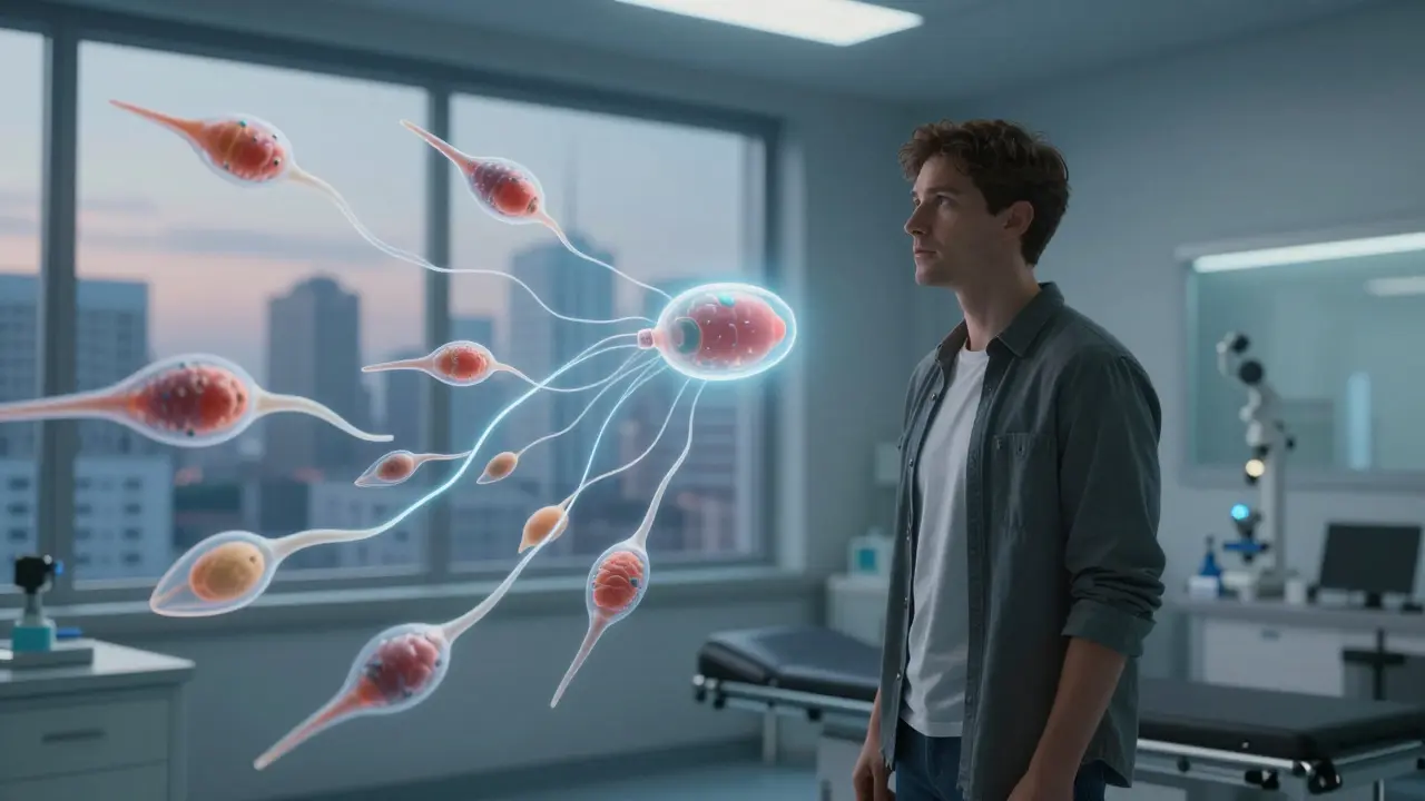 Muž v klinice sleduje 3D model lidských spermie ve vzduchu.