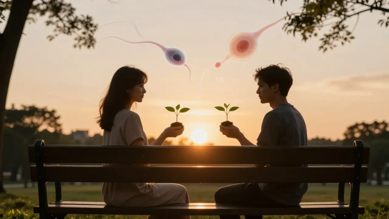 Pár sedí na lavičce při západu slunce, symbolicky spojení plodnosti.