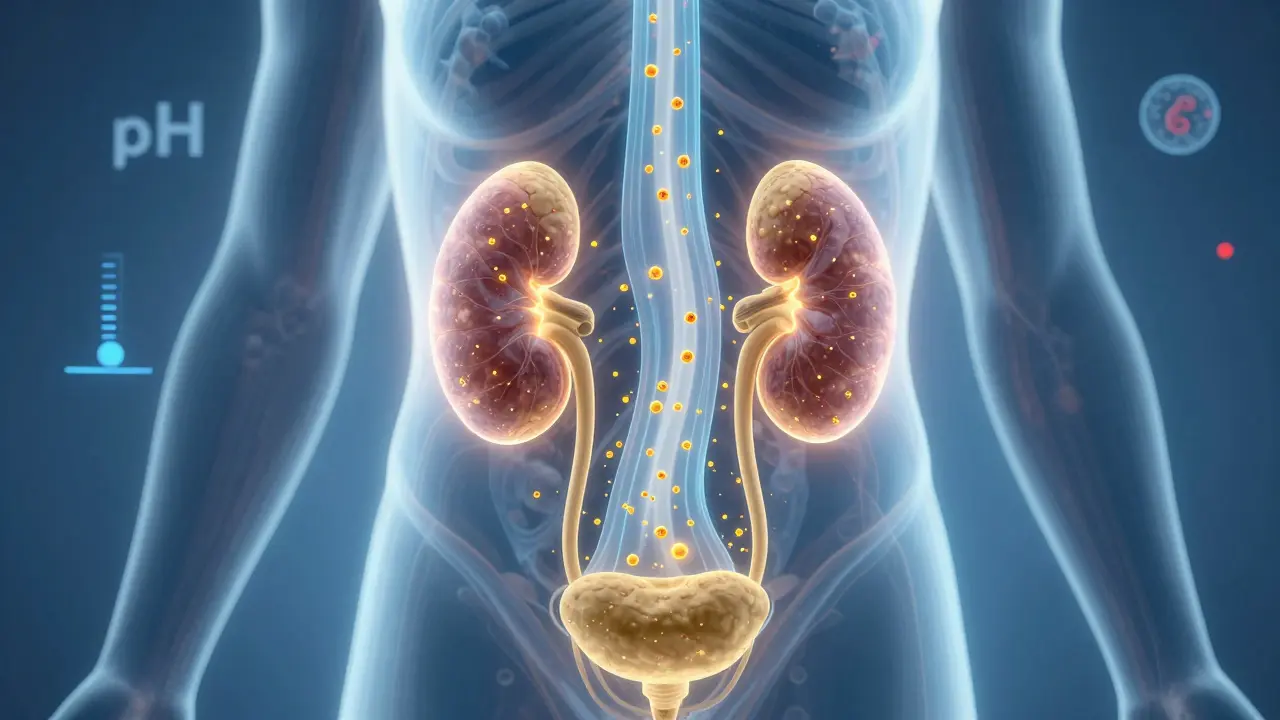 Průhledné tělo s proudem moči a ukazateli zdravotních parametrů.