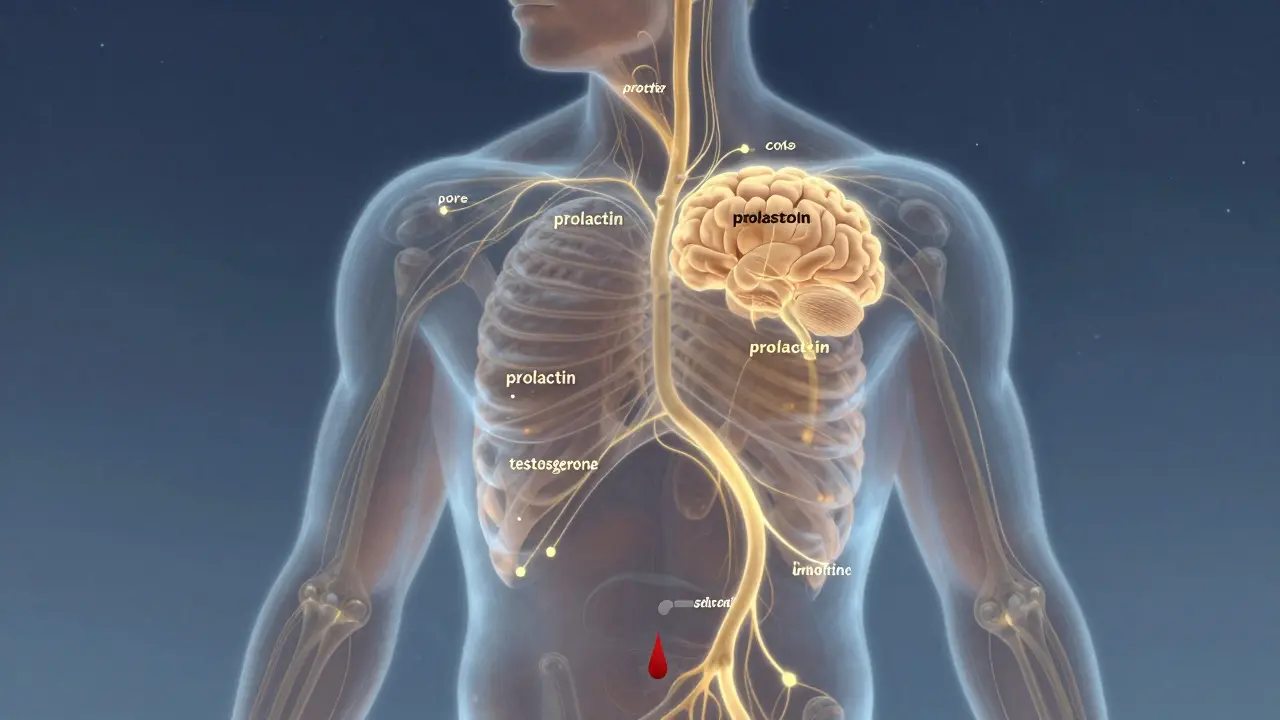 Průhledný mužský tělo s grafickým znázorněním hormonálních změn po ejakulaci.