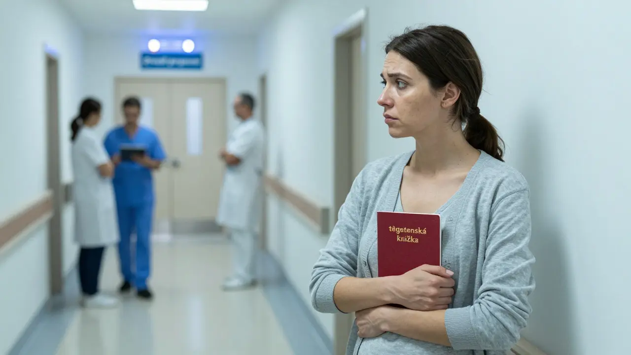 Těhotná žena drží těhotenskou knížku v nemocniční chodbě, směřuje k porodní pohotovosti.