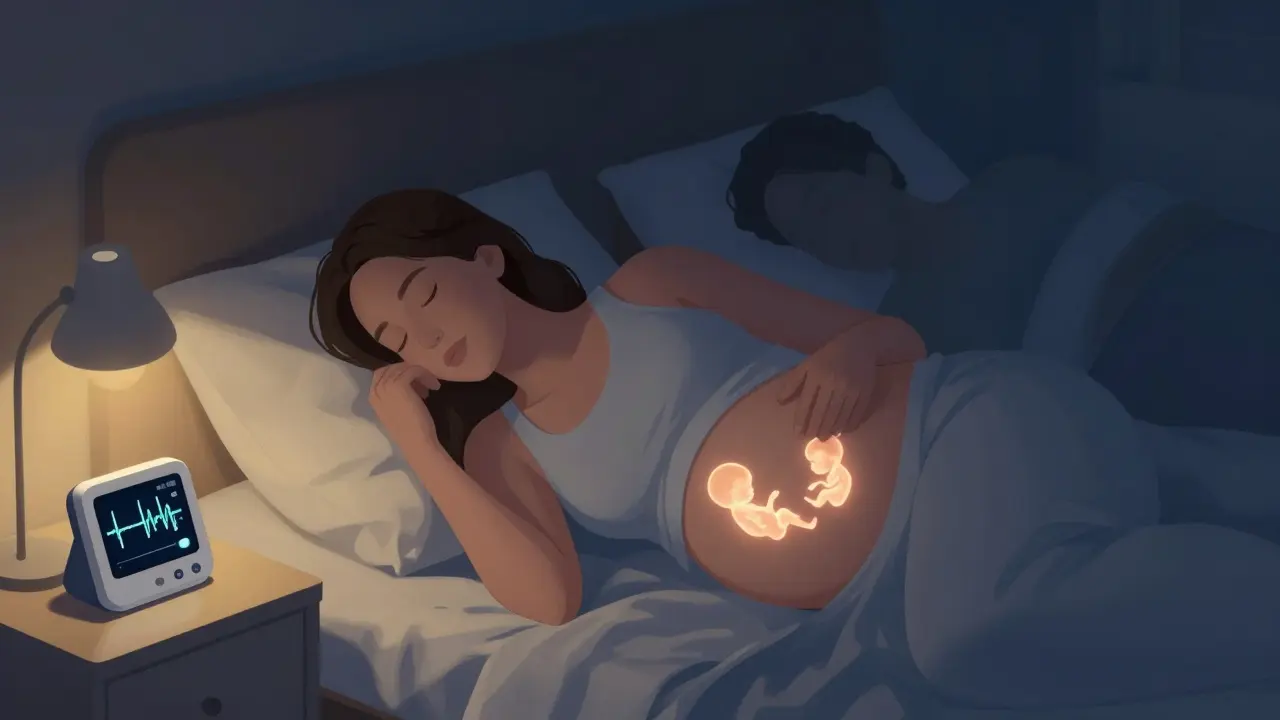 Těhotná žena leží na boku, cítí pohyby dítěte, které se jeví jako jemné zářivé stíny pod břichem.