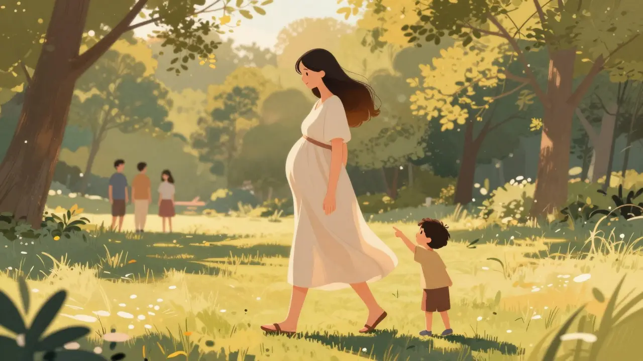 Těhotná žena v 20. týdnu prochází parkem, její bříško je viditelné pod letnou šatou.