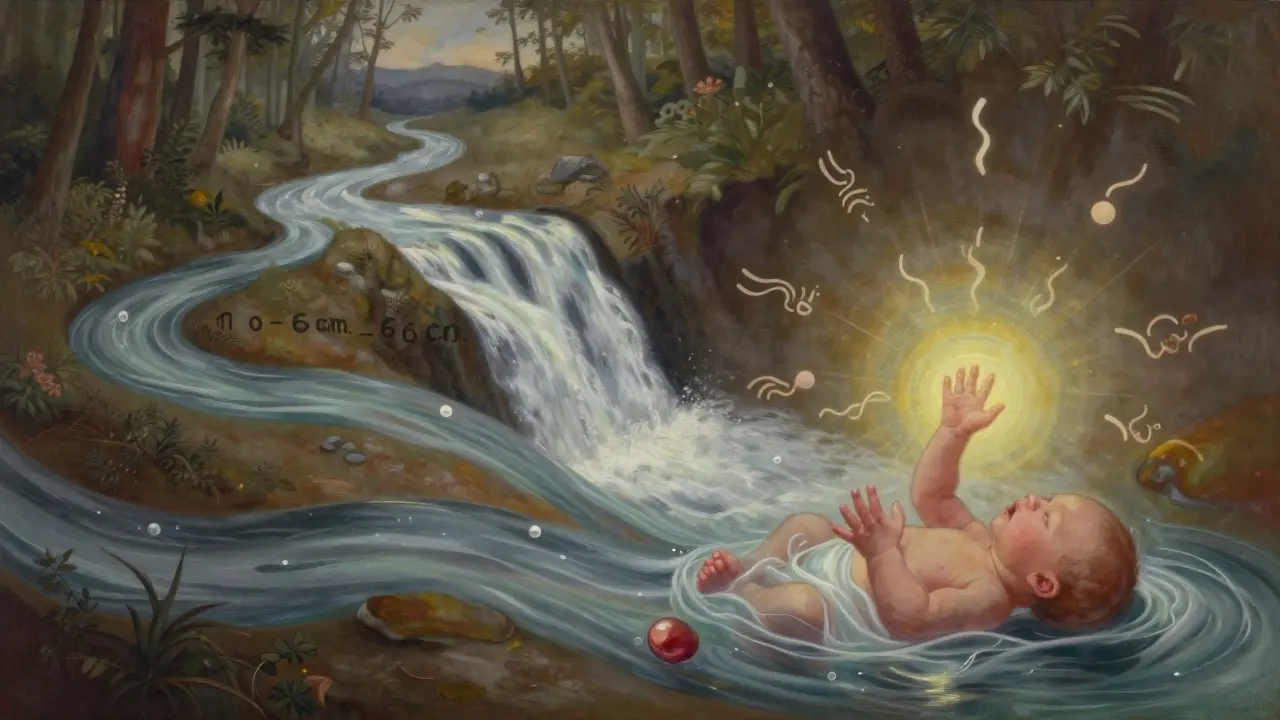Tři fáze porodu jako tři toky vody, které se spojují v zářící světlo nad novorozencem.