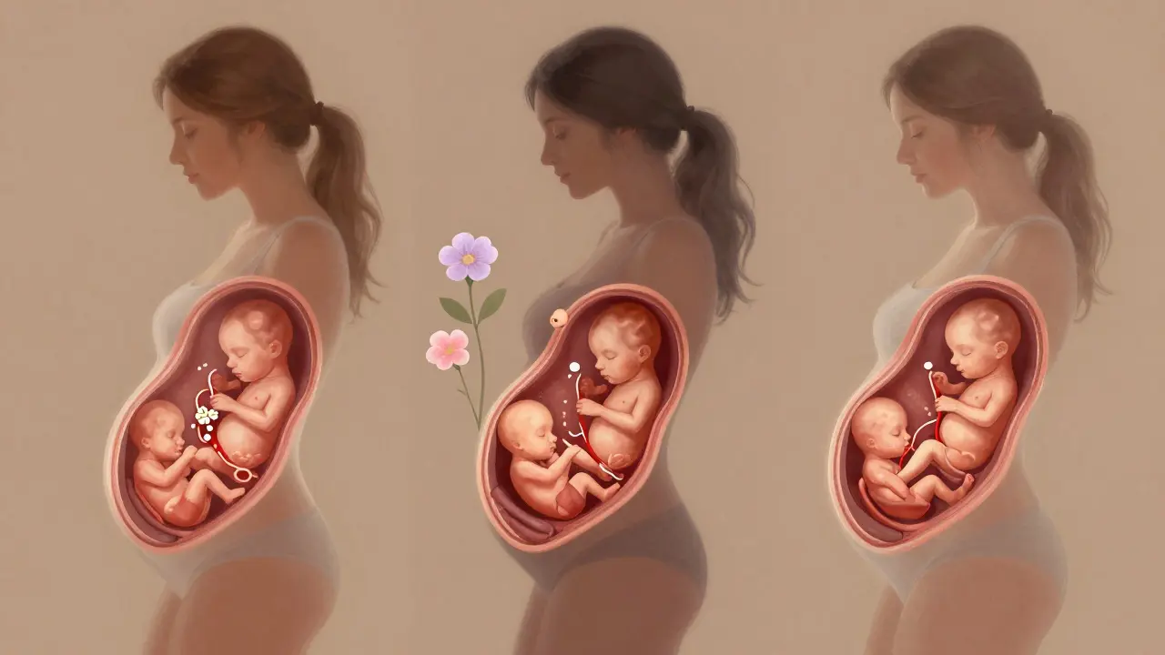 Tři těhotné ženy v různých fázích s vnitřním zobrazením vývoje plodu a dělohy.