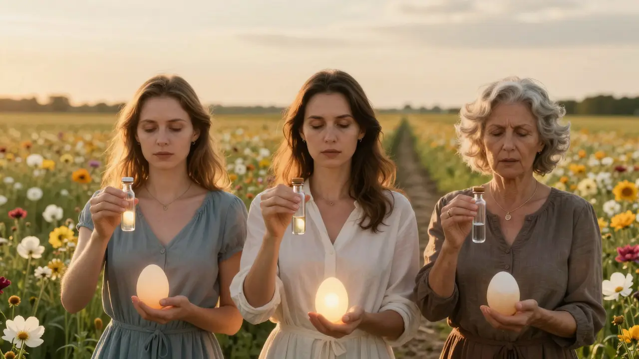 Tři ženy různých věků drží nádoby s vajíčky, symbolizující pokles plodnosti s věkem.