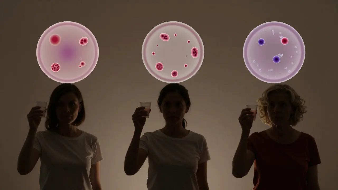 Tři ženy s močovými vzorky a mikroskopickými ukazateli zdraví.