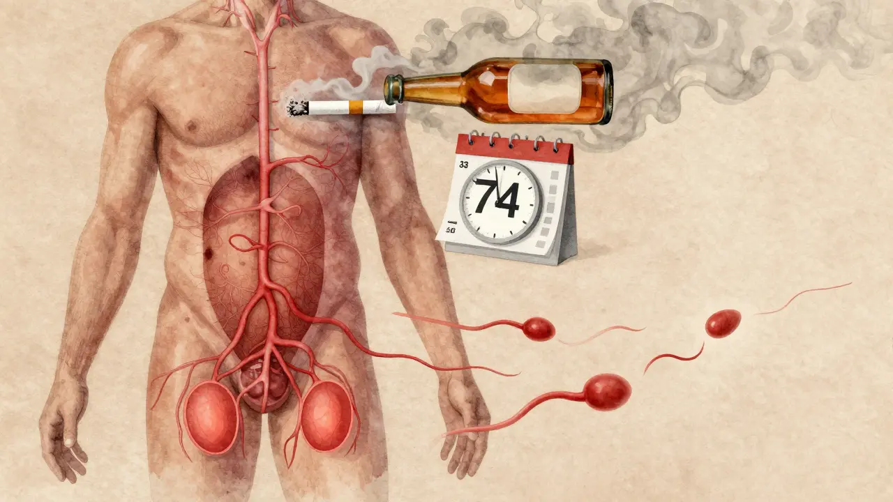 Umělecká ilustrace mužského těla s symbolickými prvky ovlivňujícími neplodnost.