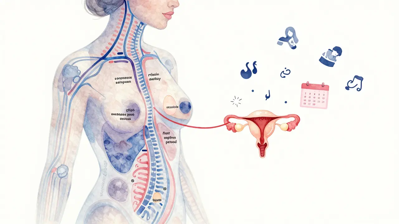 Umělecké znázornění hormonálních cest u ženy po porodu, prolaktin blokuje ovulaci, s kreslenými symboly kojení a menstruace.