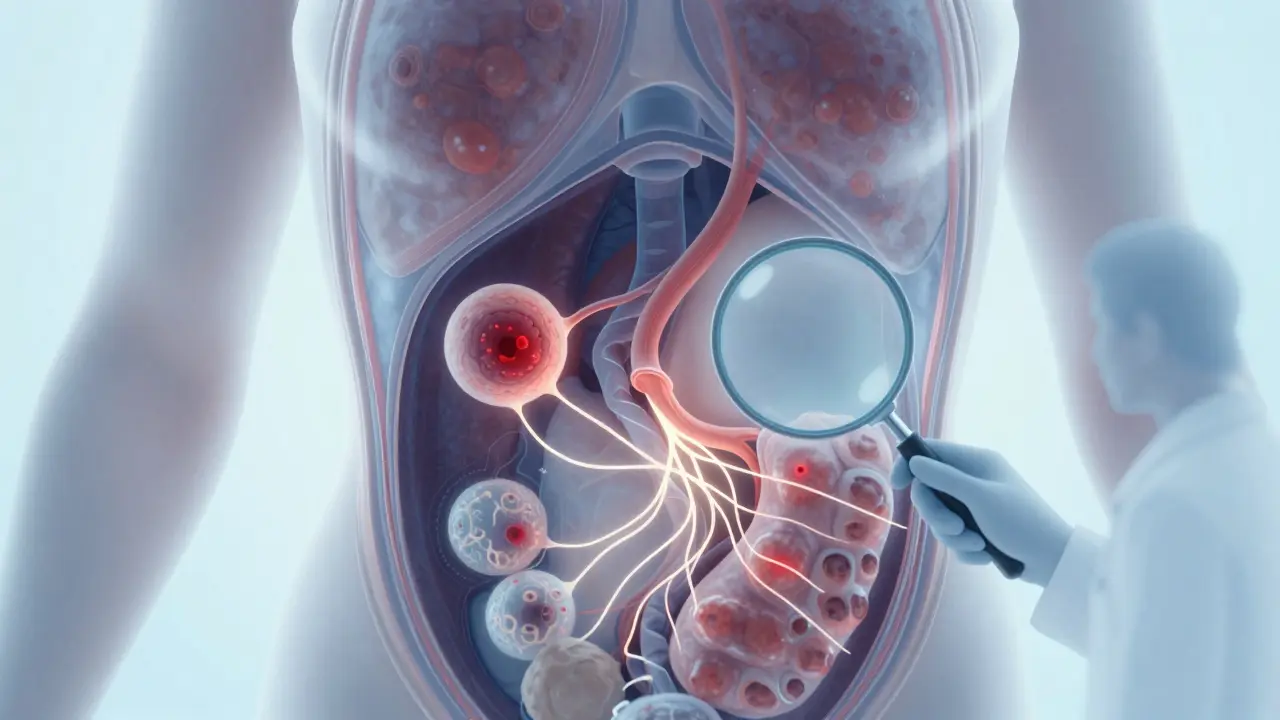 Vnitřní pohled na vaječníky s nádorem a benigními cystami v přechodných barvách.