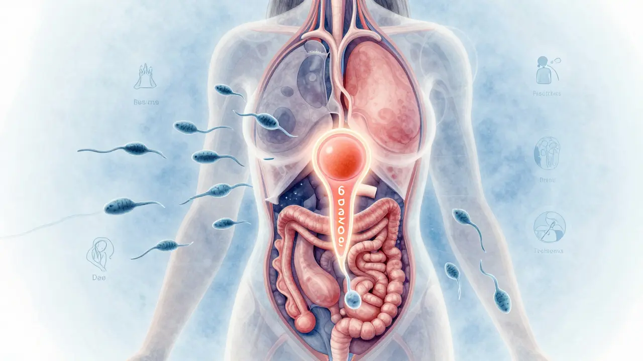 Vnitřní pohled na vajíčko a spermie během plodného okna s vyznačeným 6denním obdobím.