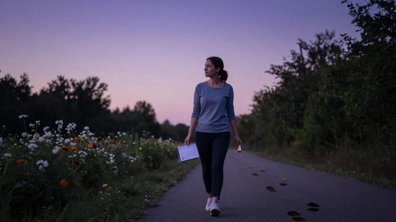 Žena kráčí lesní cestou s lékem a kalendářem, stopa se mění v květy.