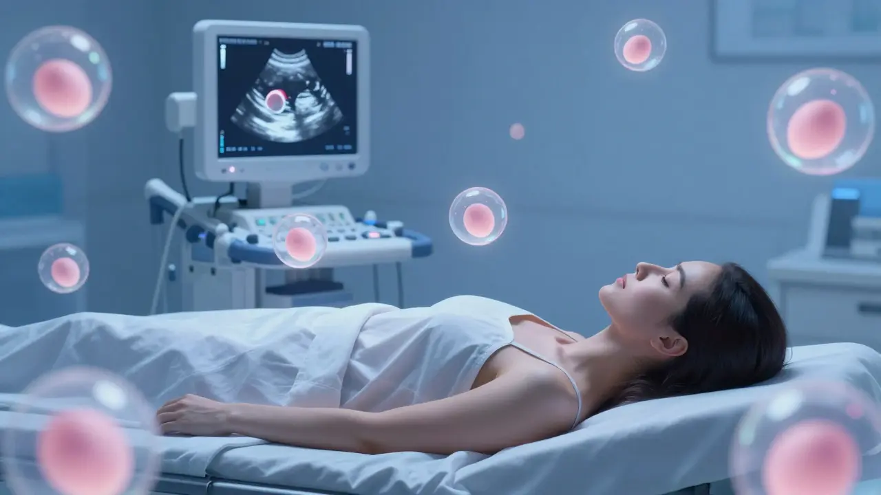 Žena na lékařském lůžku s průhlednými folikuly svítícími kolem ní.