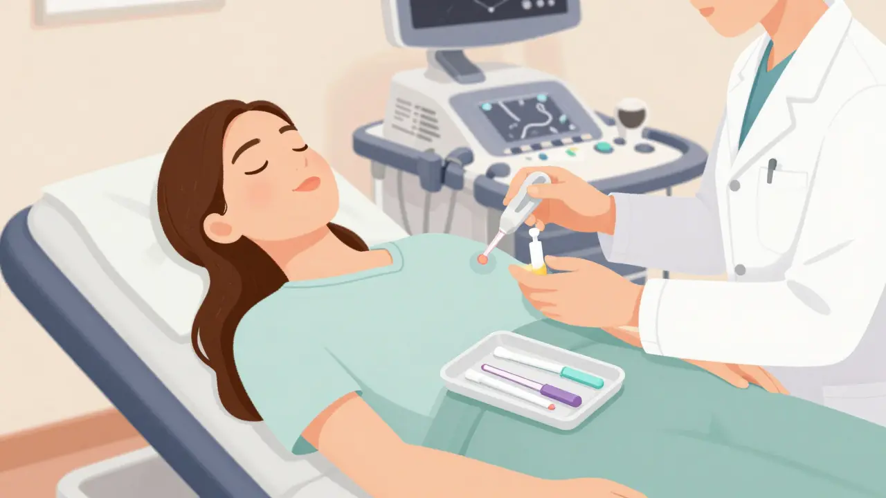 Žena na vyšetřovací lůžce podstupuje gynekologické vyšetření s lékařkou.