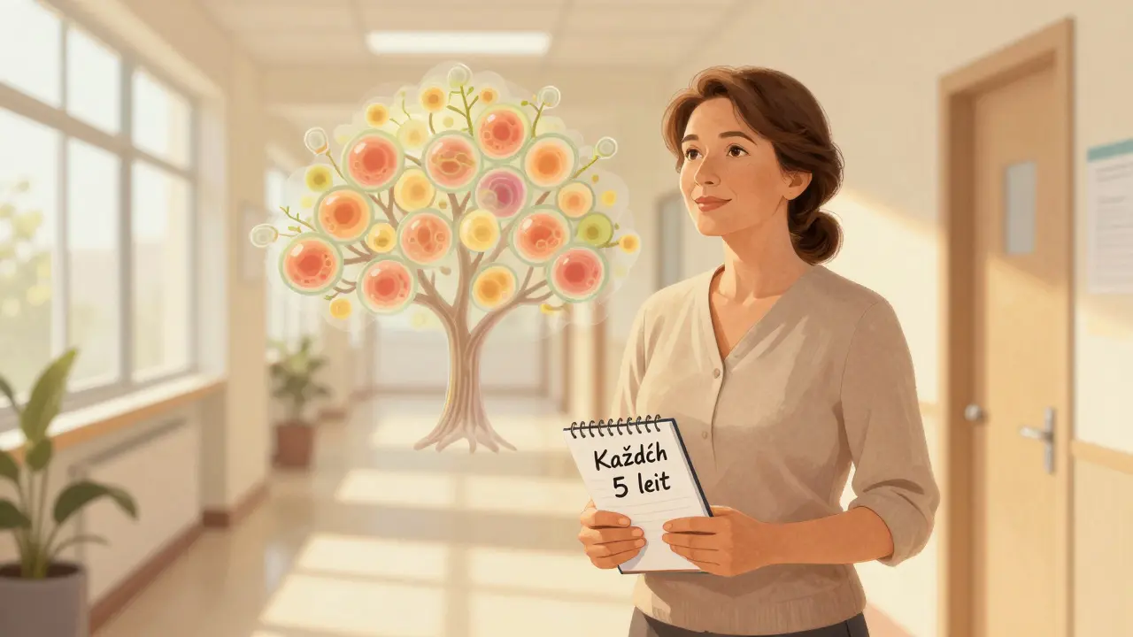 Žena po menopauze stojí v chodbě s poznámkou 'Každých 5 let', symbolizující pravidelnou prevenci.