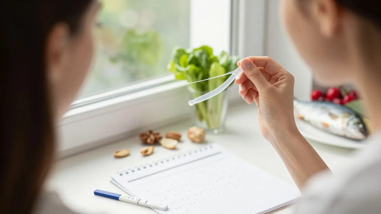 Žena pozoruje kvalitu cervikálního slizu při přírodním světle.