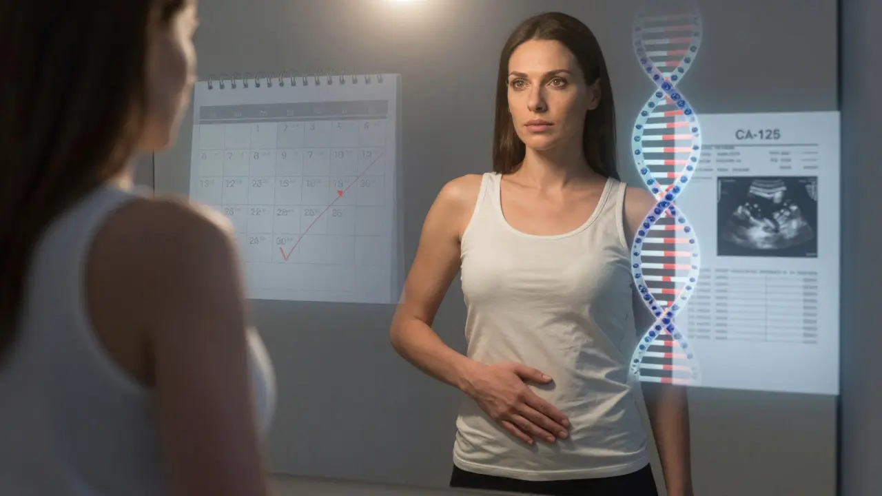 Žena se dívá do zrcadla, za ní symboly prevence rakoviny vaječníků.