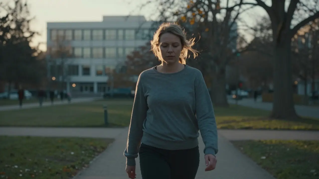 Žena se pomalu prochází v parku po přenosu embryí, bez námahy.