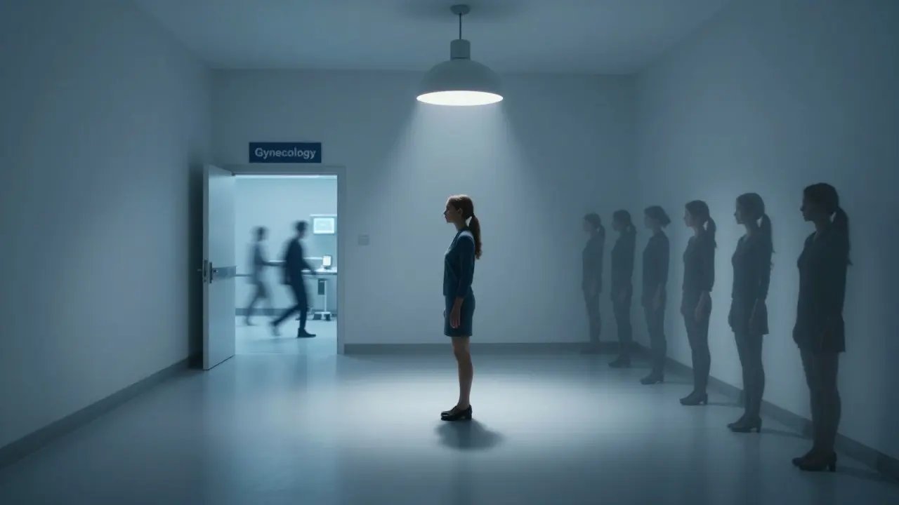 Žena stojí v prázdné chodbě s mnoha stíny jiných žen, dveře do ordinace jsou otevřené.