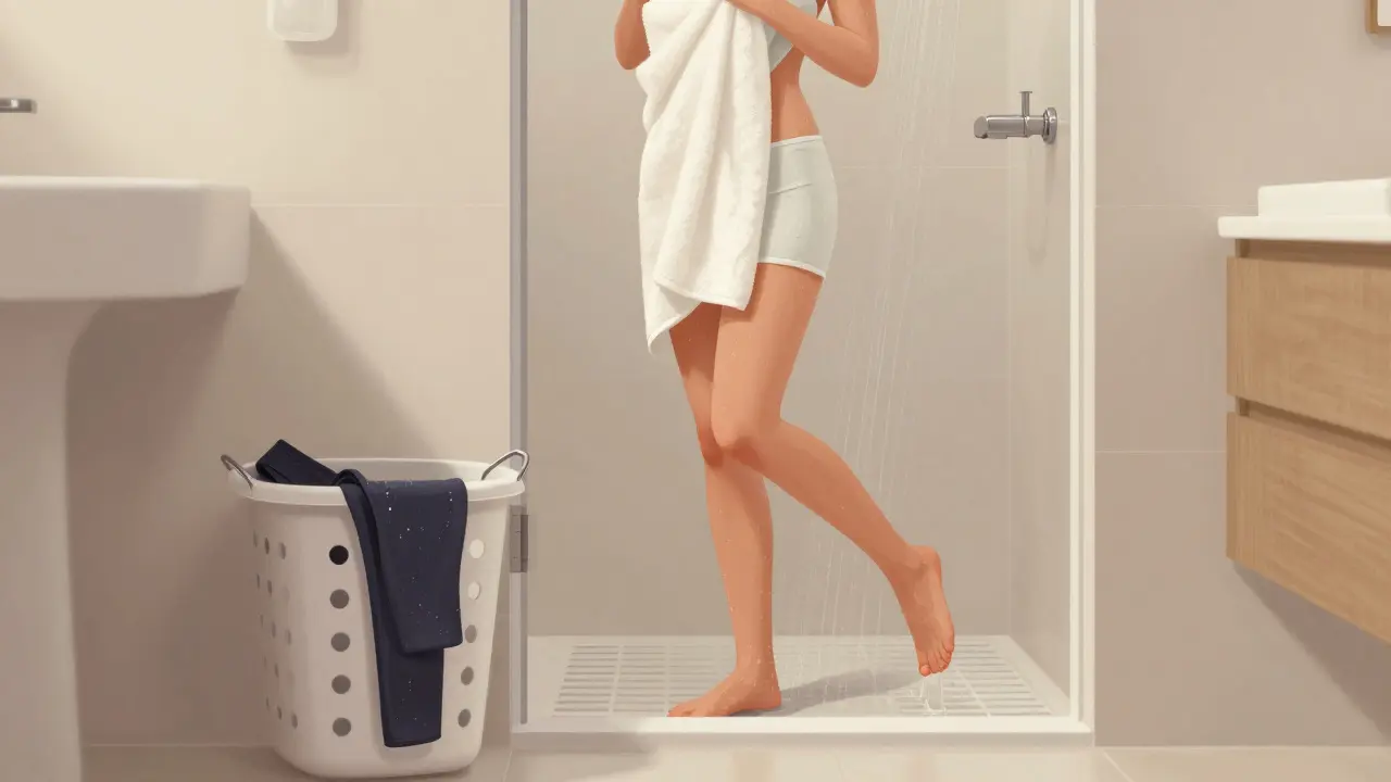 Žena v bavlněném spodním prádle po koupeli, mokré syntetické plavky na zemi.