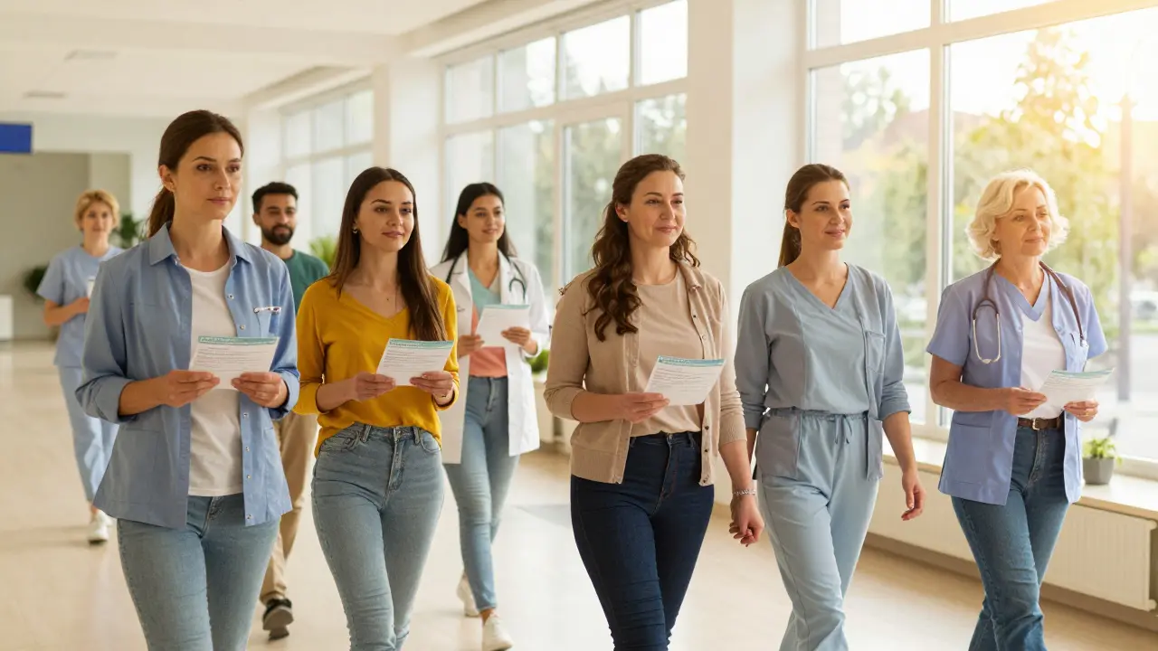 Ženy v rámci zdravotnického zařízení s klidnou, důvěrnou atmosférou.