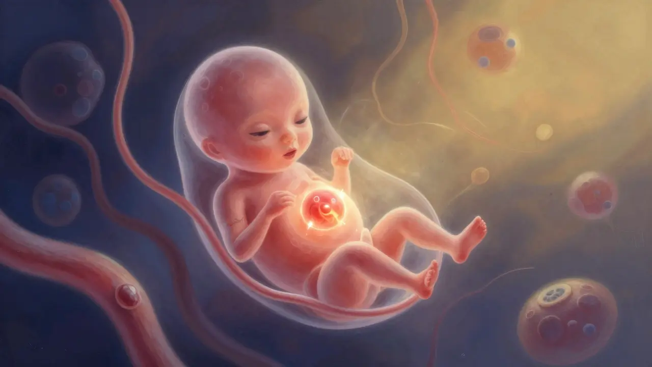 Abstraktní znázornění včasného vývoje plodu s pulsujícím srdcem v děloze.