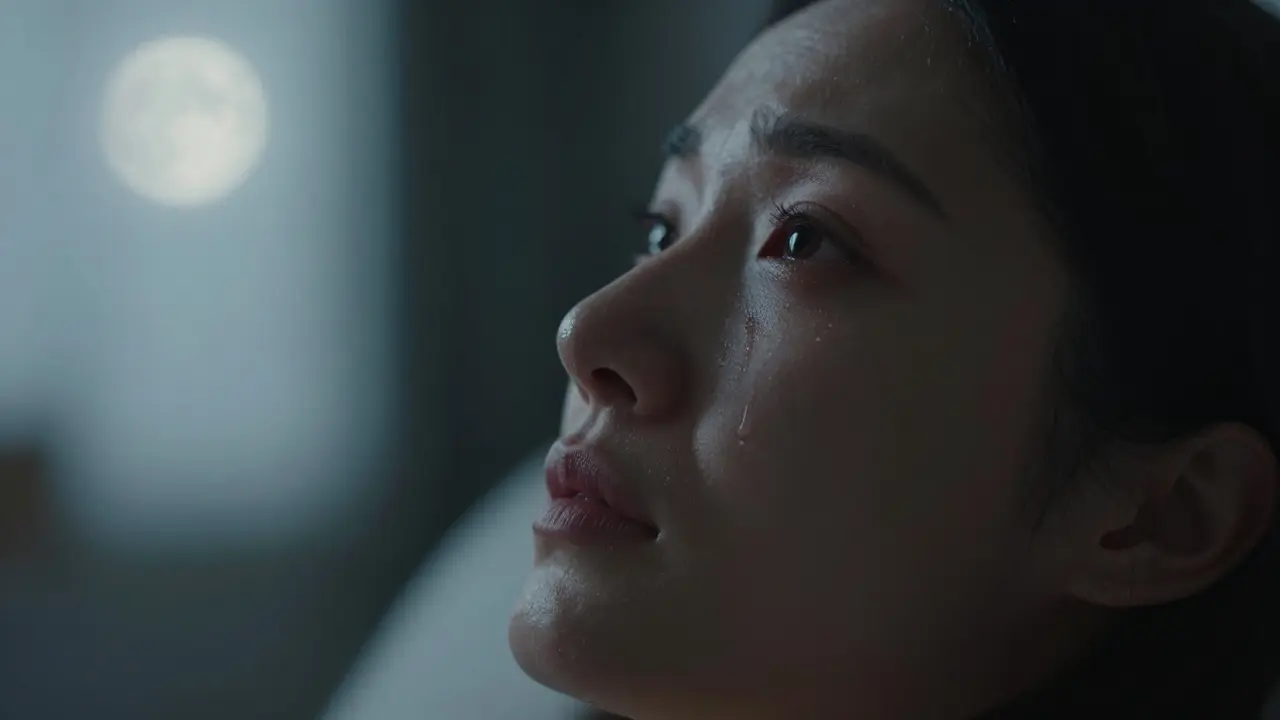 Blízký záběr obličeje ženy v porodu — oči rozšířené, výraz klidného podřízení a úžasu.