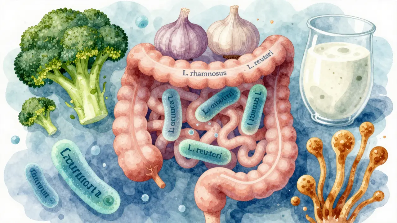 Ilustrace střevního mikrobiomu: prospěšné bakterie Lactobacillus bojují proti kvasinkám Candida, podporované zeleninou a kefírem.