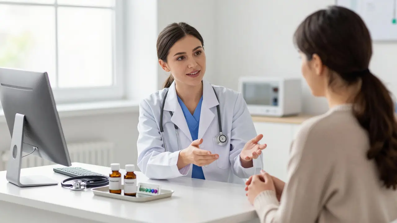 Lékařka v bílé košili vysvětluje pacientce možnosti léčebného potratu.