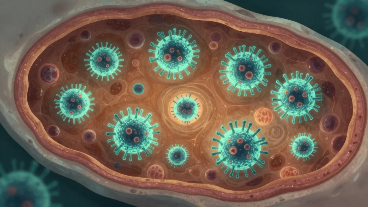 Mikroskopický pohled na buňky čípku s virusem HPV a přechodem k zdravé tkáni.