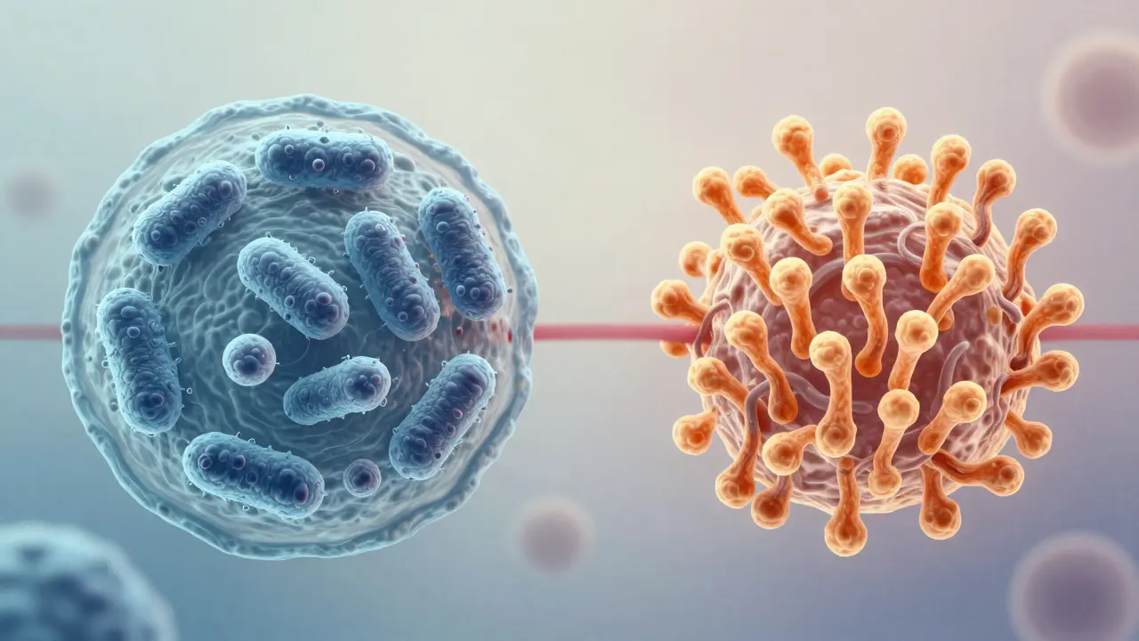 Mikroskopický pohled na rovnováhu prospěšných bakterií a kvasinek v pochvě.