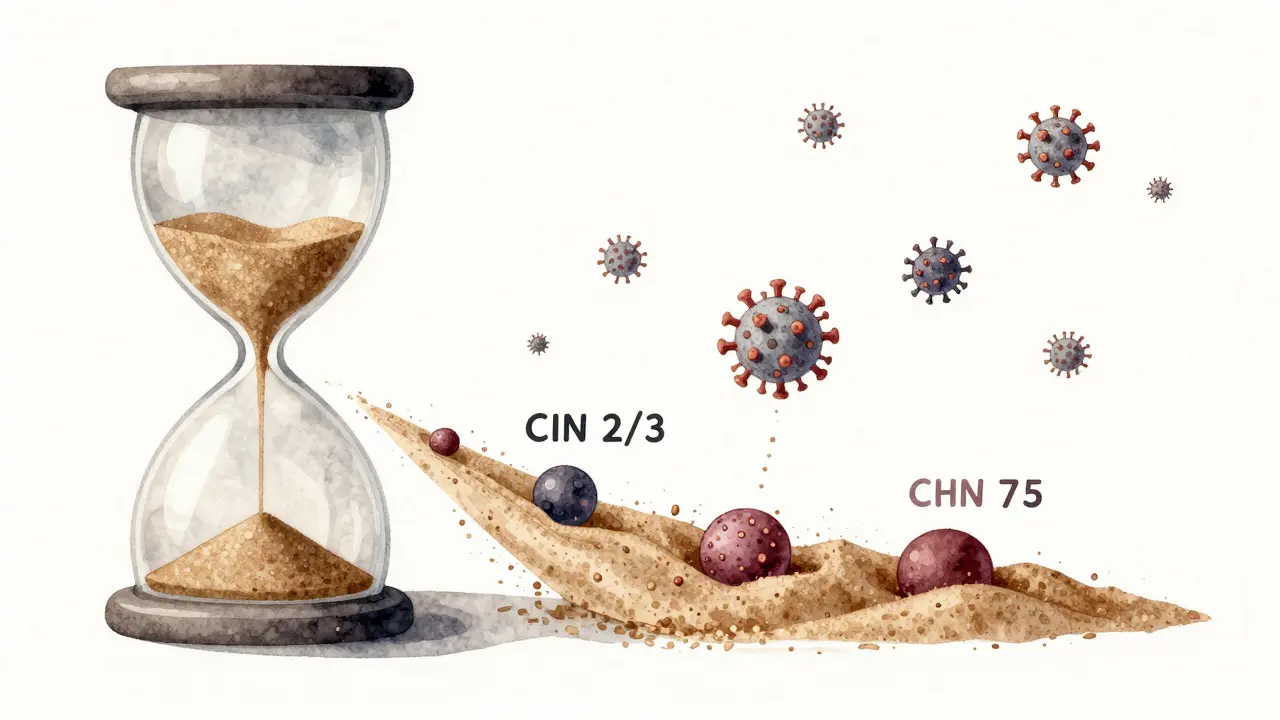 Přesun písku v hodinách přeměňující se na virové buňky a poté zpět na zdravou tkáň.