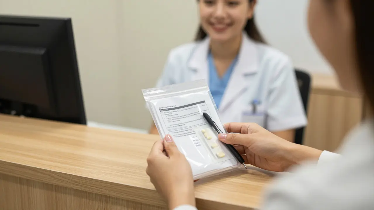 Ruce drží plastový sáček s léky a seznamem otázek na klinice v Brně.