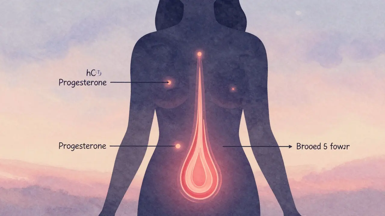 Silueta ženy s grafickými značkami hormonálních změn během raného těhotenství.
