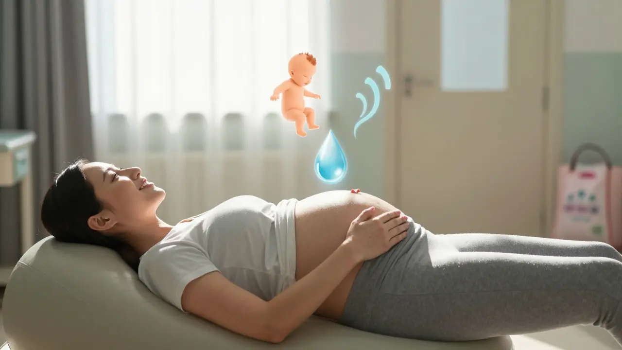 Těhotná žena na porodním míči s představou sestupu miminka, dýchání a přípravy na porod.