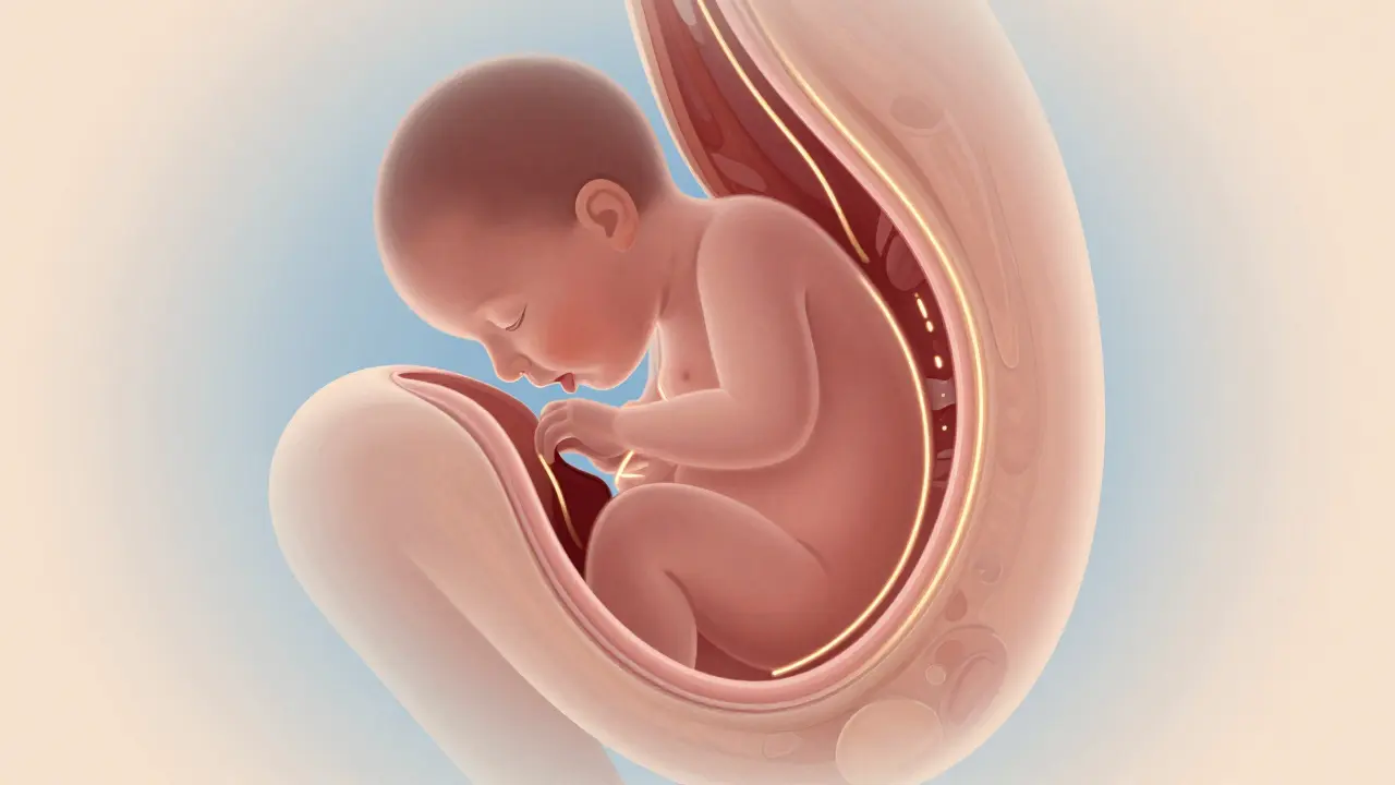 Vnitřní pohled na sestup plodu do porodních cest s naznačenými hormonálními změnami a uvolněním pánve.