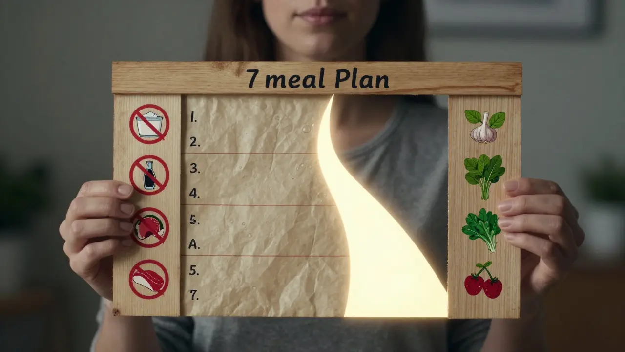 Žena drží plán 7 dní s výživou pro kvasinky — na jedné straně zakázané potraviny, na druhé zdravé volby jako česnek a jogurt.