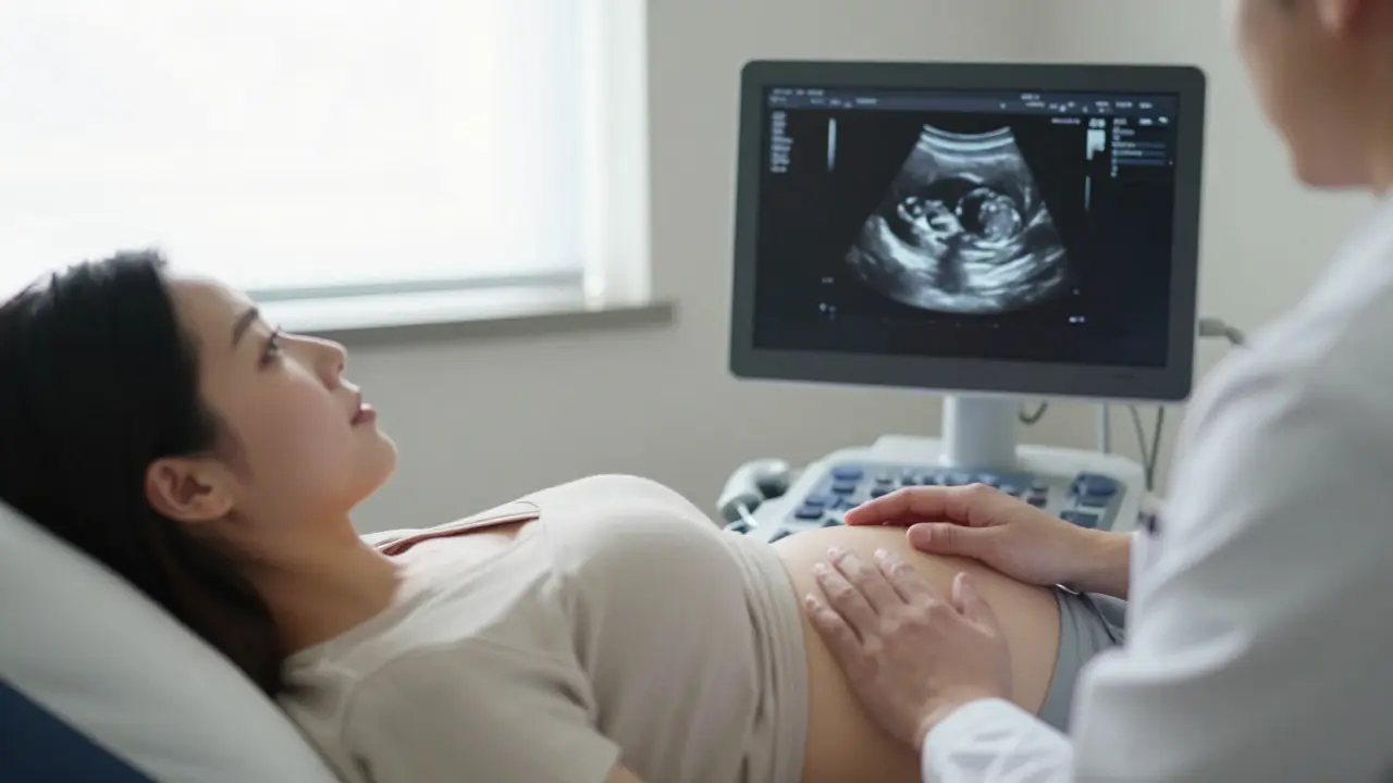 Žena na vyšetřovacím stole sleduje ultrazvukový obraz, kde je vidět plodový sac a žloutkový váček.