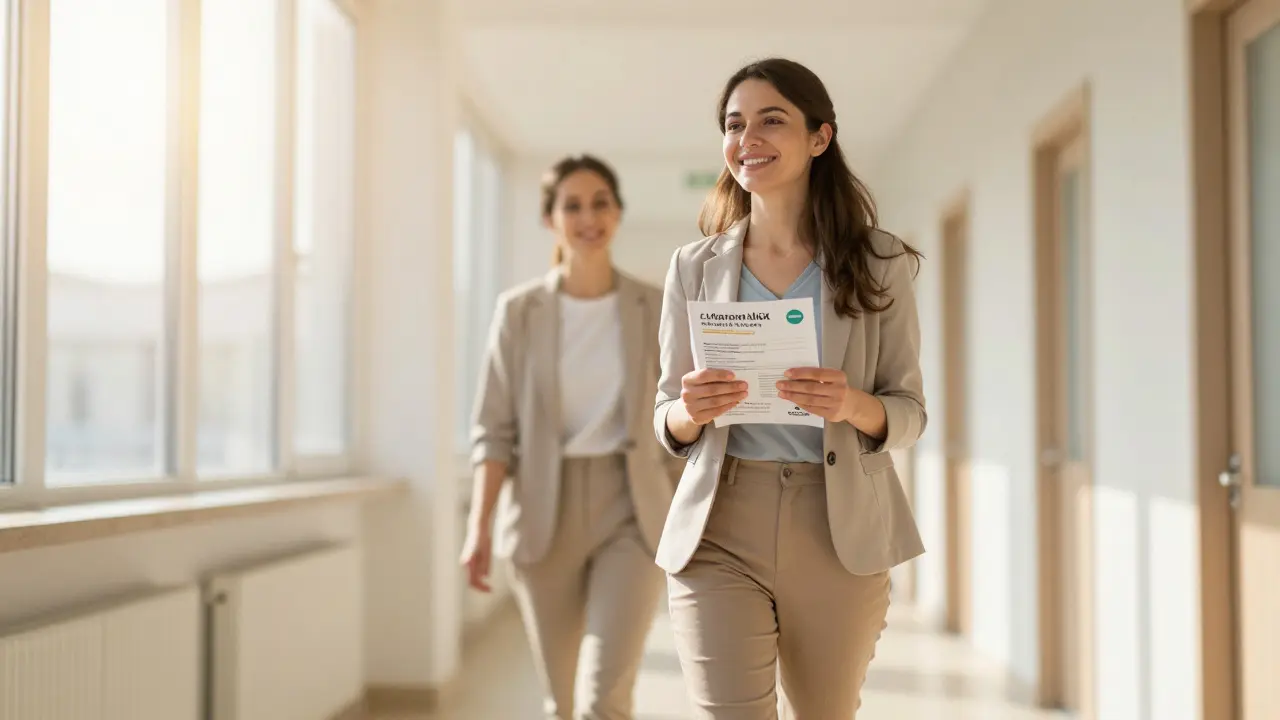 Žena opouští kliniku po prohlídce s přítelkyní