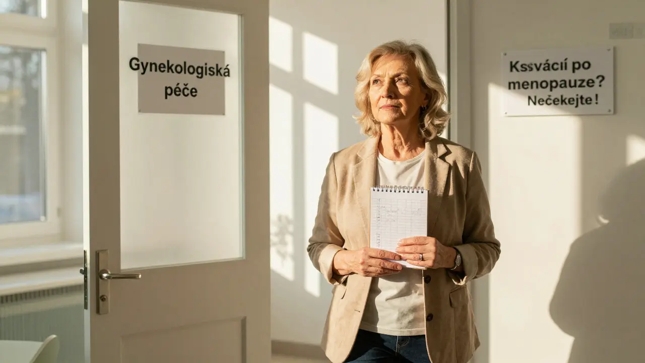 Žena po 60. roce vstupuje do gynekologické kliniky, drží poznámky o cyklu.